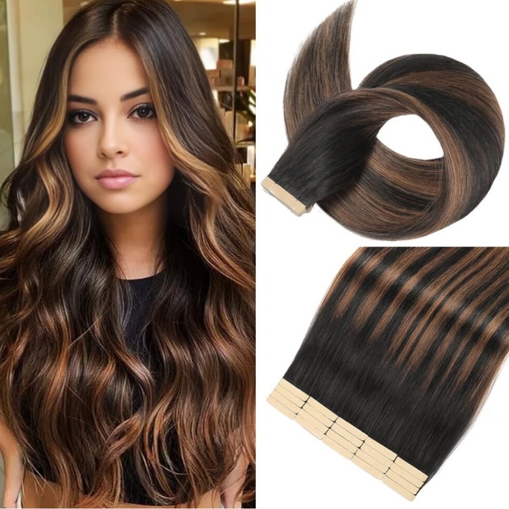 New 20Pcs 14 Inch Natural Black Mixed Chestnut Brown Tape-in Hair Extensions